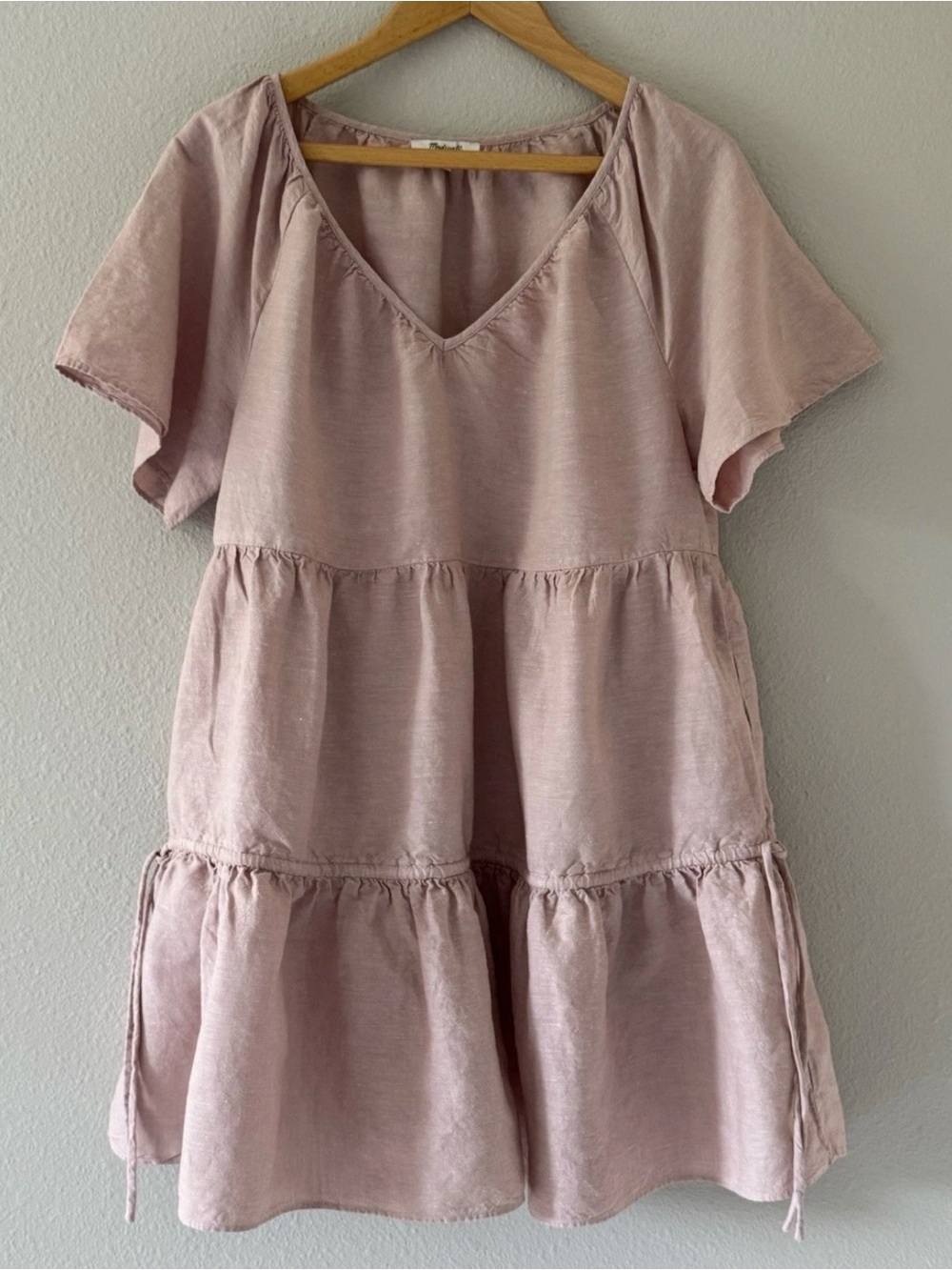 Madewell Linen Cotton Blend Tiered Mini Dress Pink Size Large Boho with Pockets